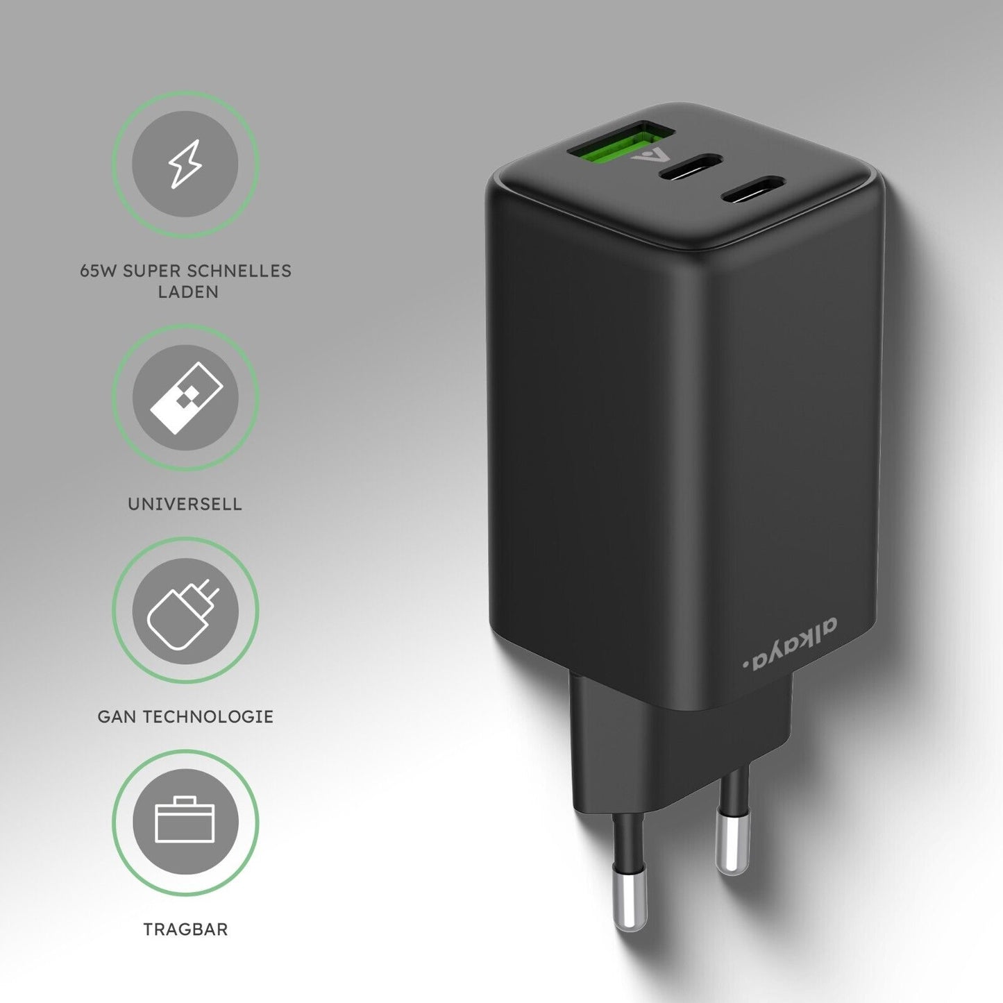 Alkaya 65W USB-A & USB-C+C Netzstecker schwarz