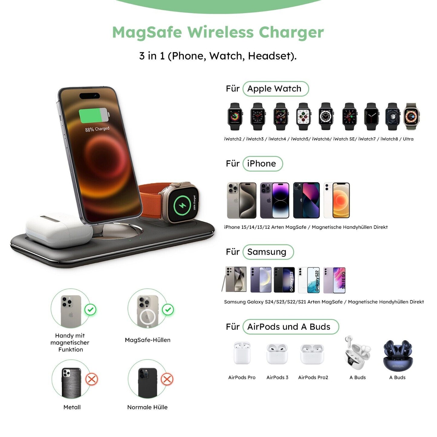 Alakaya 3in1 Ladestation in schwarz