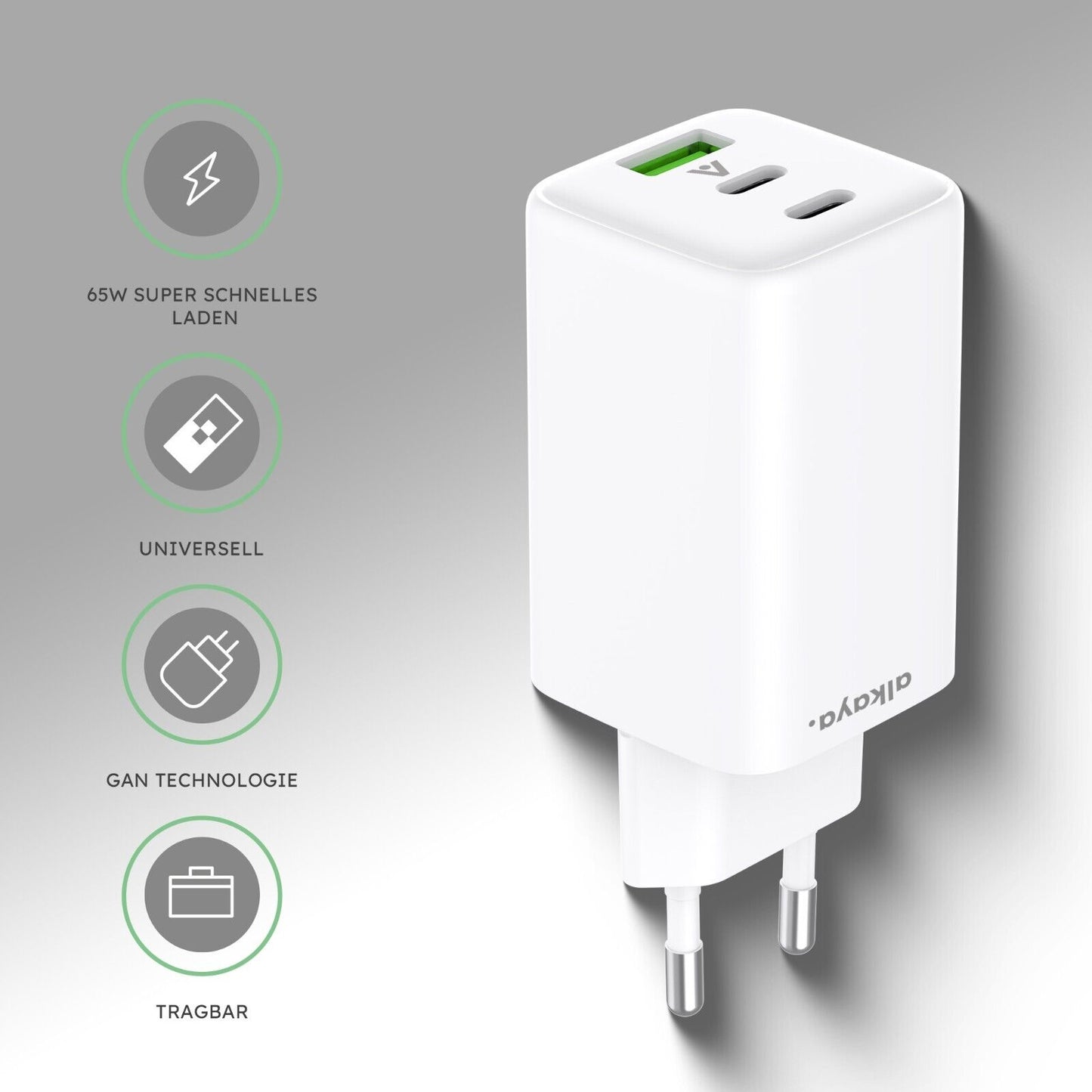 Alkaya 65W USB-A & USB-C+C Netzstecker weiß