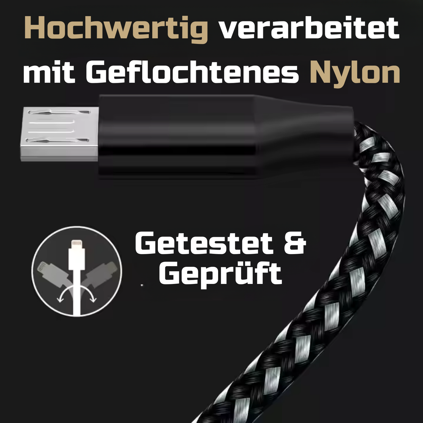 Nylon Micro-USB Ladekabel Schwarz/Silber