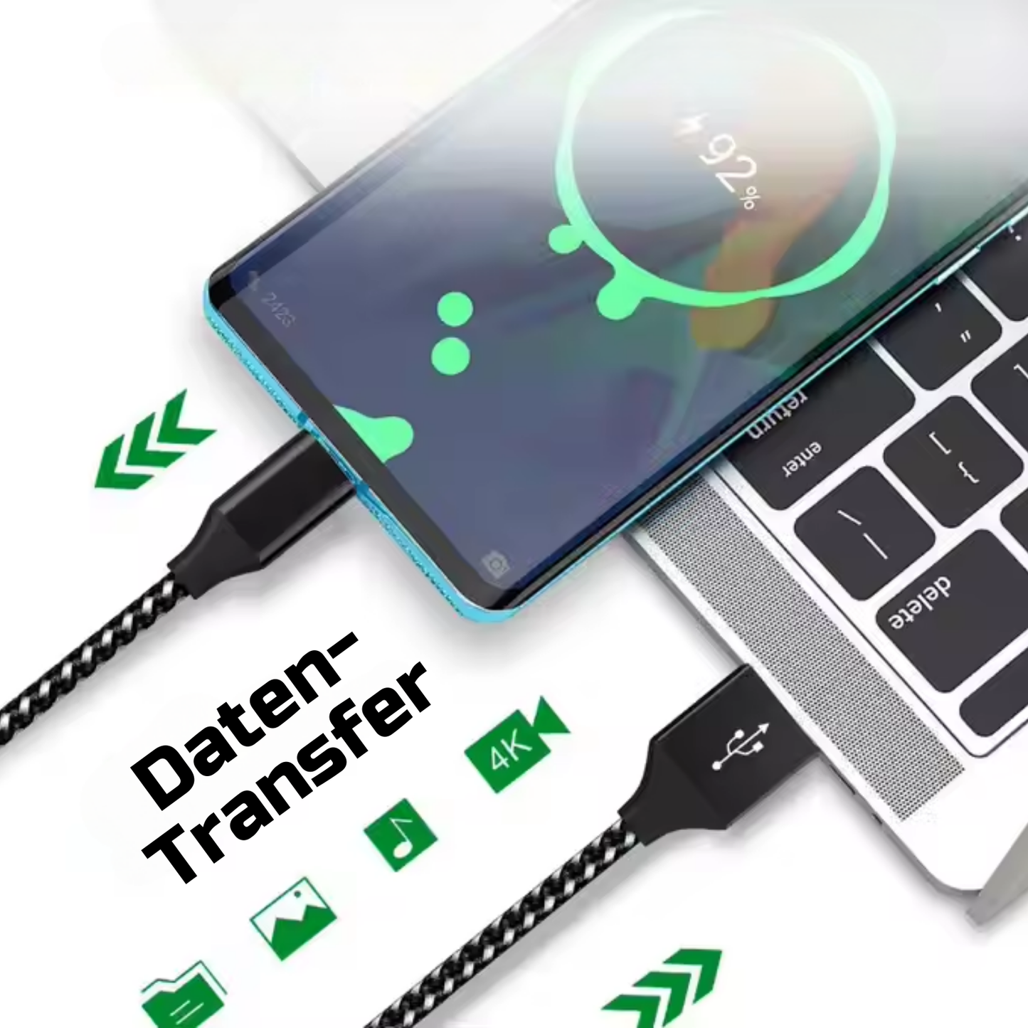 Nylon Micro-USB Ladekabel Schwarz/Silber